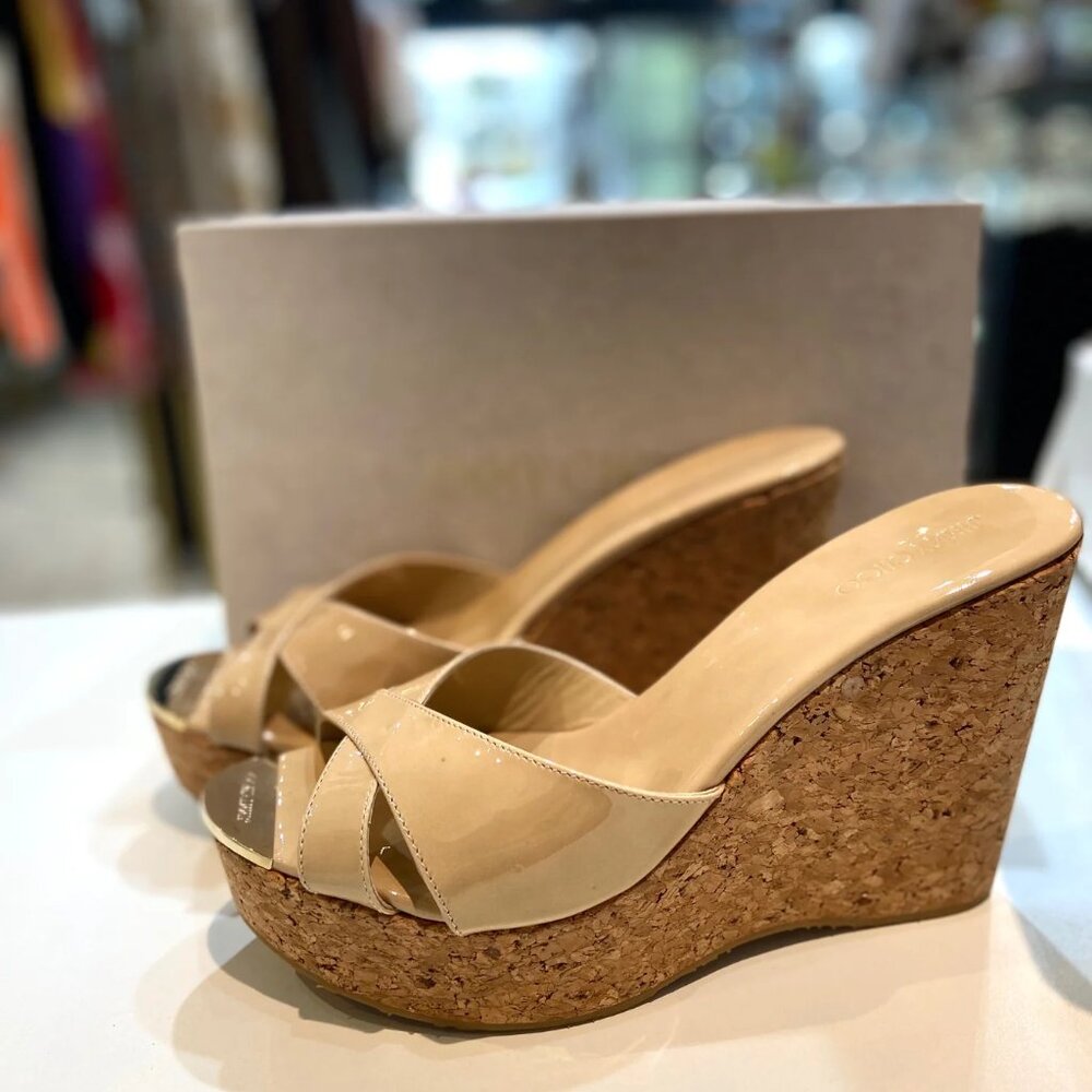 Jimmy Choo Patent Calfskin Perfume Cork Wedge Sandals 38 Nude